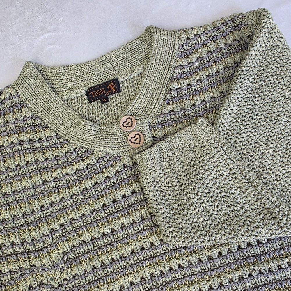 Tivoli Spring Green Chunky Cable Knit Sweater Womens XL Pockets Gold Wood Button